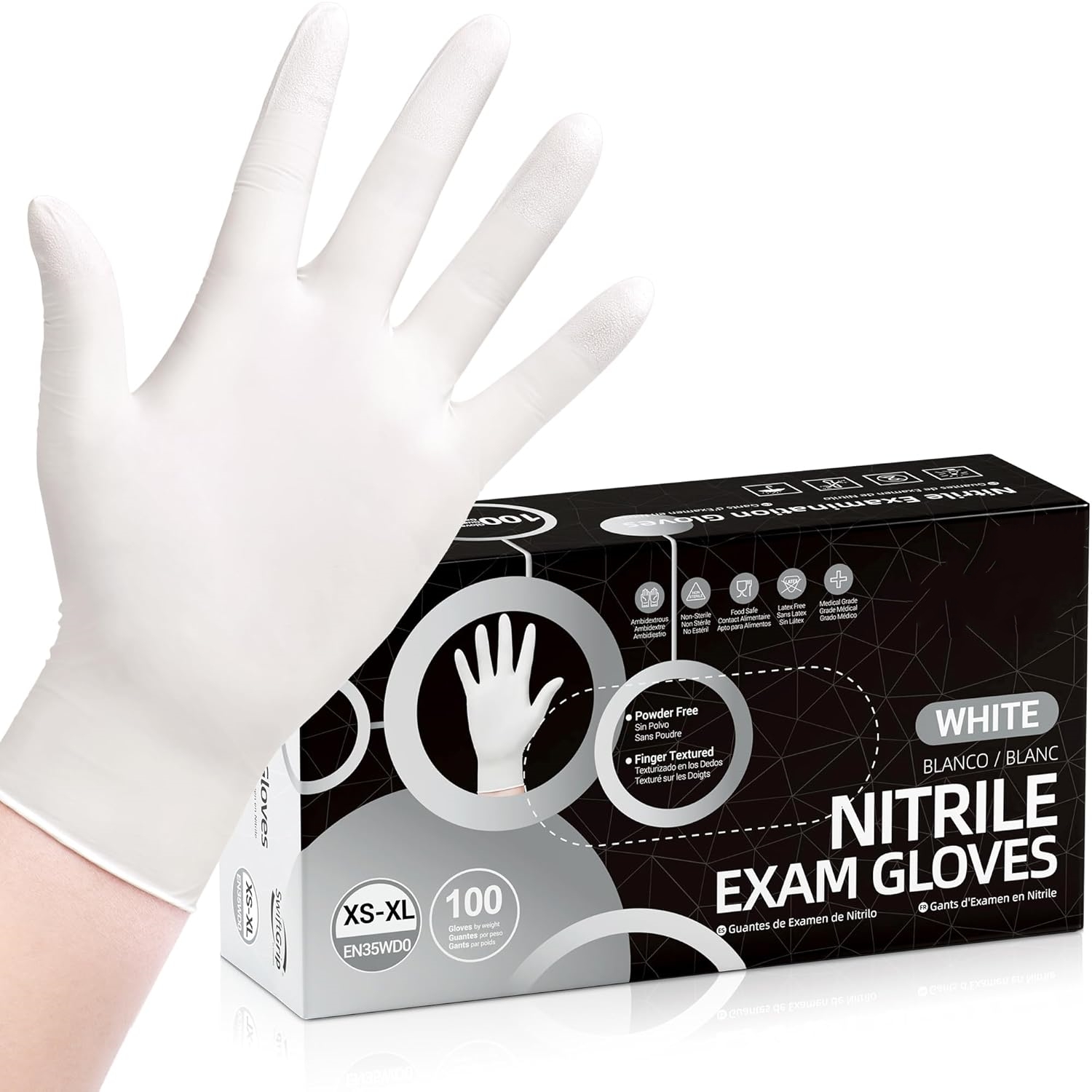 Disposable Gloves Nitrile - Guantes Desechables de Nitrilo Blancos, Talla